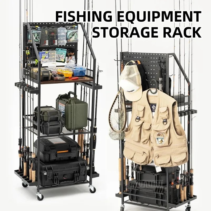 Fishing Rod Combo - ชั้นวางอุปกรณ์ตกปลา, ที่วางคันเบ็ดและรอกตกปลาแบบสไตล์ชั้นวางปืน, ชั้นจัดเก็บอุปกรณ์ตกปลาอเนกประสงค์สำหรับบ้านและรถยนต์